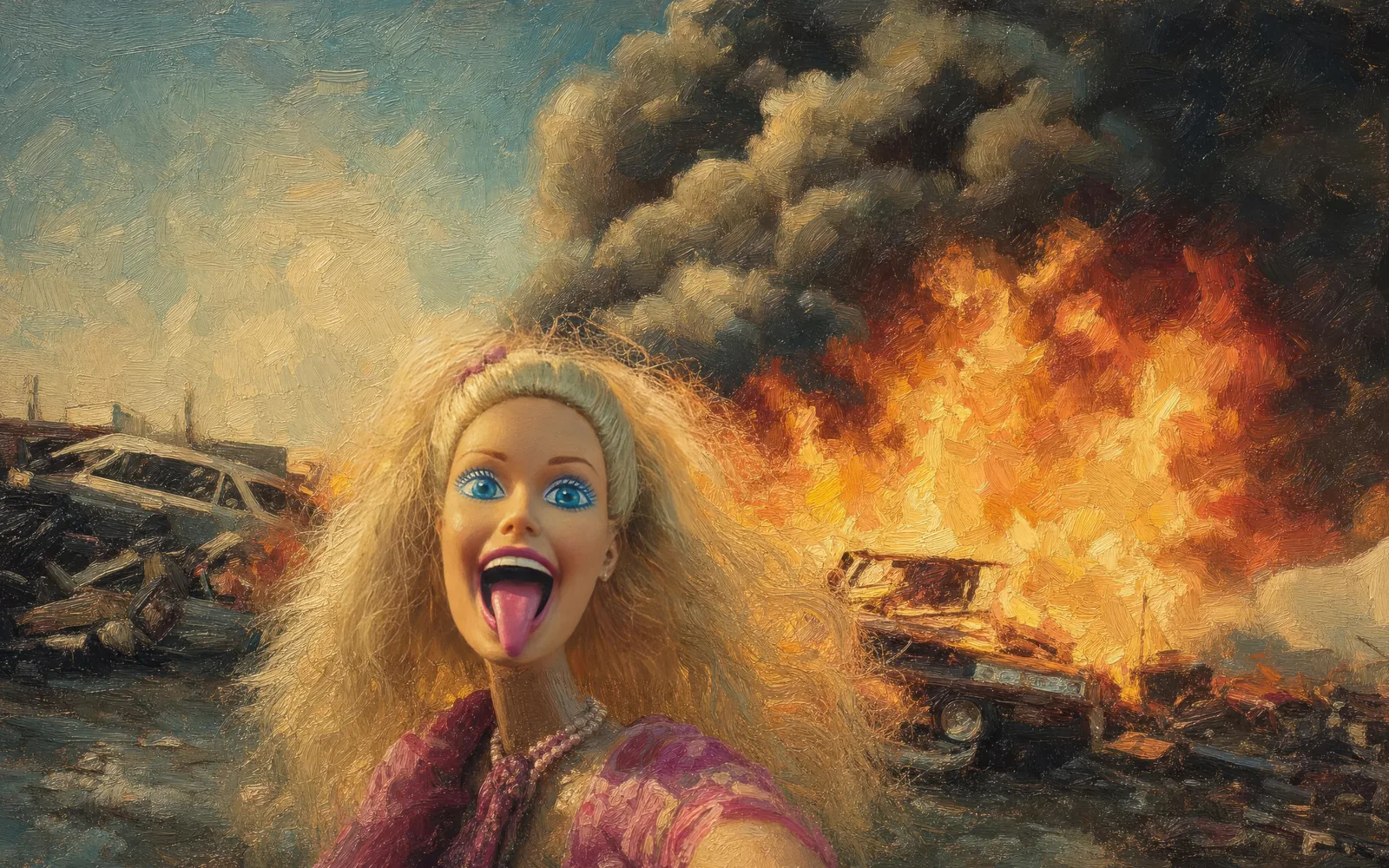 Doll on Fire, MacBook wallpaper: an oil-painted figure taking a composed selfie while the background erupts in flame.