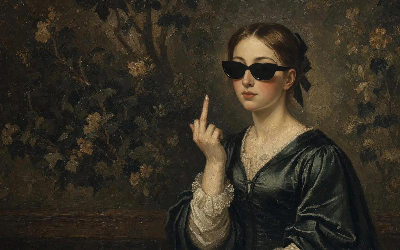 Renaissance Baddie, MacBook wallpaper: an old-master portrait with a modern, unbothered attitude, lit like a gallery painting.