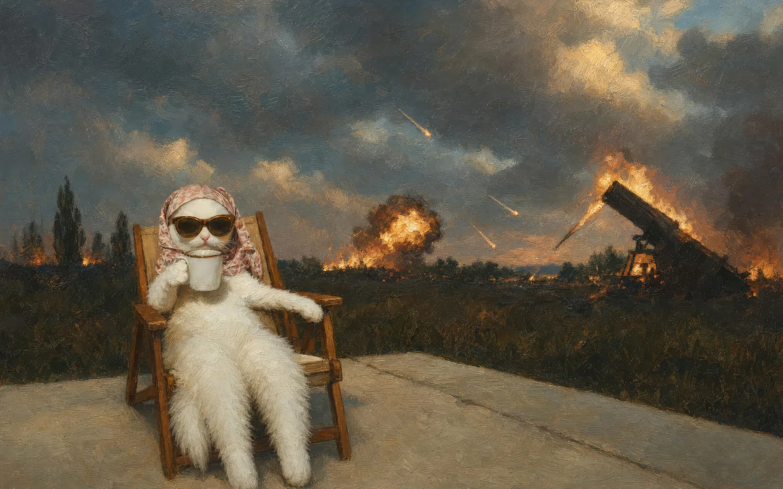 Cat Calm Chaos, MacBook wallpaper: an unbothered cat with coffee while the painted room falls apart around it.