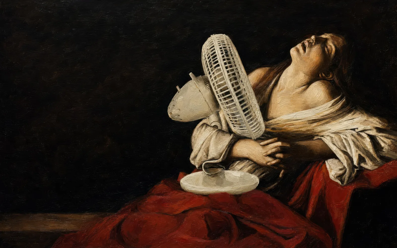 She Needs Air, MacBook wallpaper: a dramatic oil-painted exit rendered at full volume.