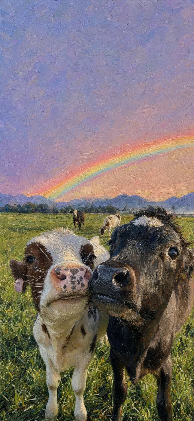 Cow Rainbow, iPhone wallpaper: the pastoral scene recomposed vertically.
