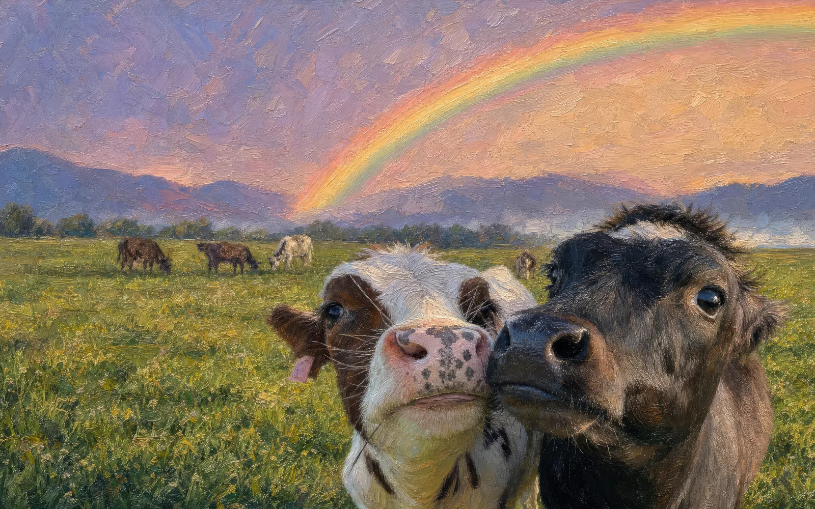 Cow Rainbow, MacBook wallpaper: two painted cows under an improbable rainbow, the group-chat proof.
