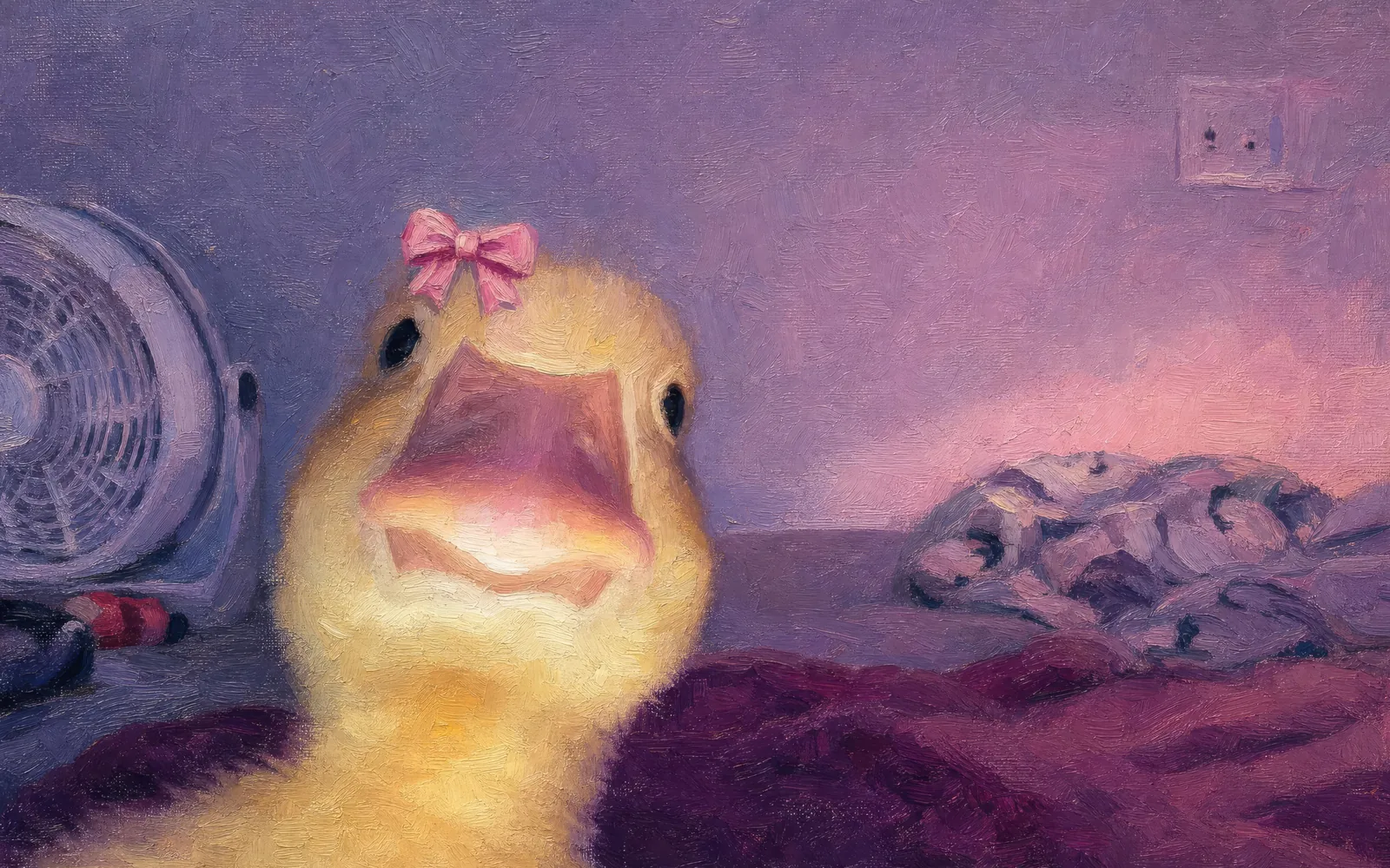 Duck Check-In, MacBook wallpaper: one painted duck with a phone, casually checking whether we are surviving.